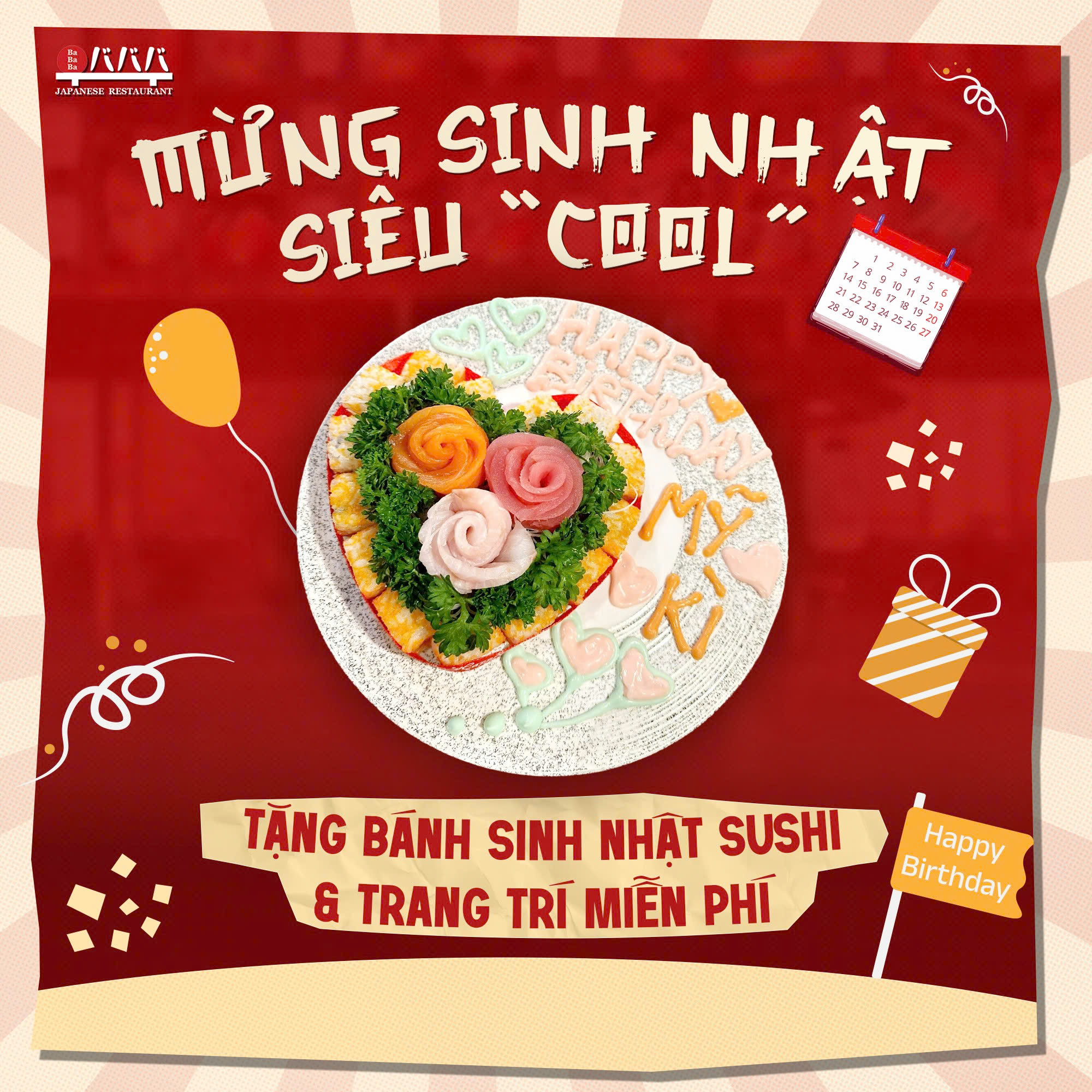 Bánh sinh nhật sushi miễn phí trong chương trình khuyến mãi sinh nhật Phú Quốc tại Bababa